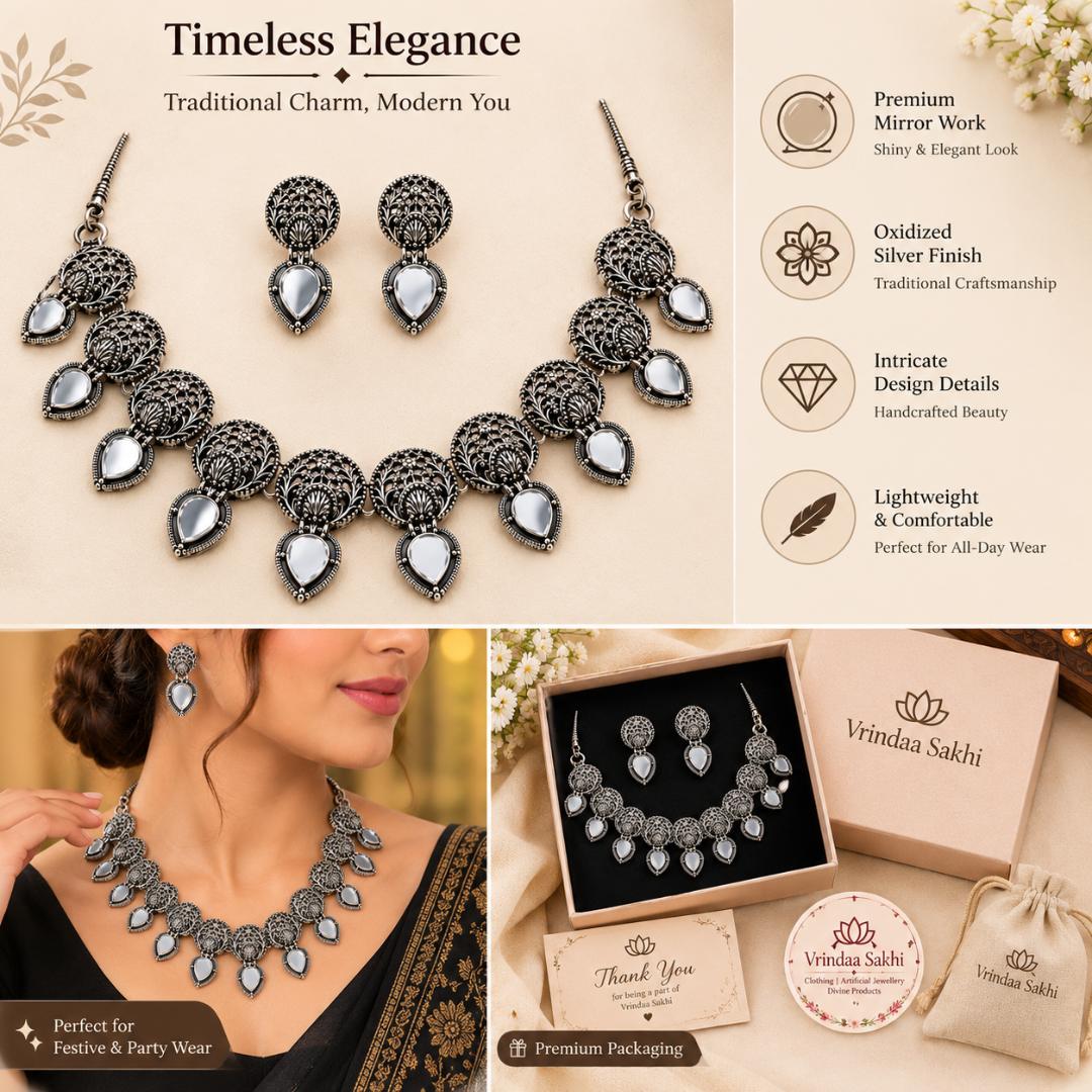 Oxidized Silver Mirror Work Necklace Set with Matching Drop Earrings for Women | Traditional Ethnic Jewellery for Festive & Party Wear