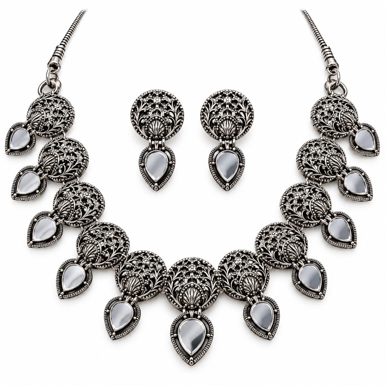 Oxidized Silver Mirror Work Necklace Set with Matching Drop Earrings for Women | Traditional Ethnic Jewellery for Festive & Party Wear