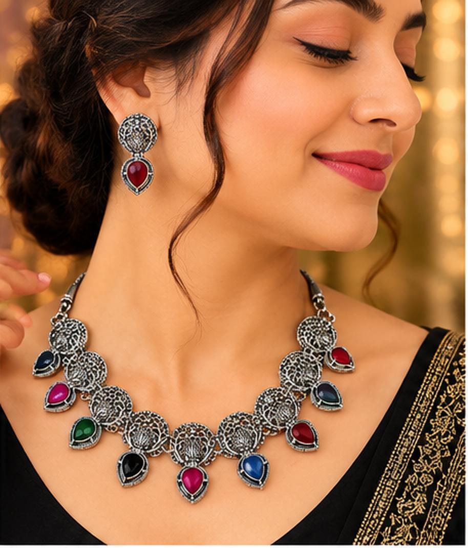 Oxidized Silver Multicolor Stone Necklace Set with Matching Earrings for Women – Traditional Ethnic Jewellery for Festive & Party Wear