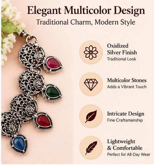 Oxidized Silver Multicolor Stone Necklace Set with Matching Earrings for Women – Traditional Ethnic Jewellery for Festive & Party Wear
