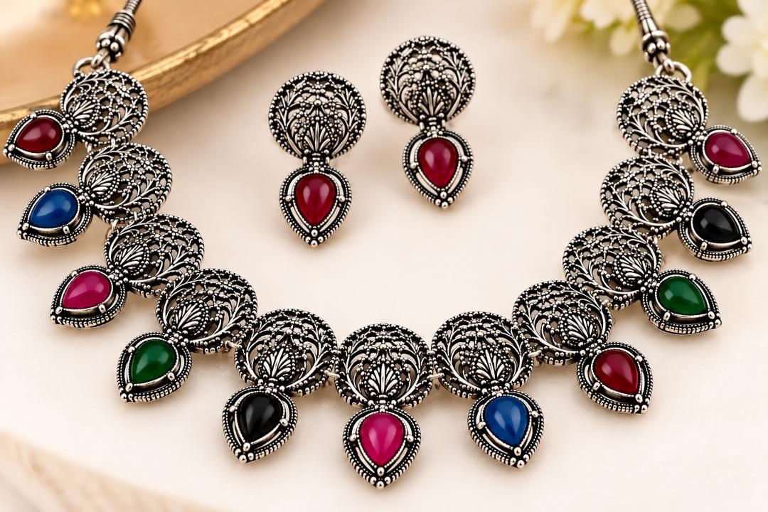 Oxidized Silver Multicolor Stone Necklace Set with Matching Earrings for Women – Traditional Ethnic Jewellery for Festive & Party Wear