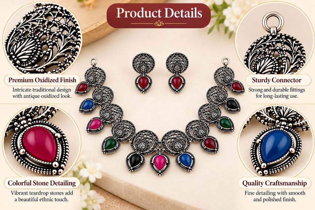 Oxidized Silver Multicolor Stone Necklace Set with Matching Earrings for Women – Traditional Ethnic Jewellery for Festive & Party Wear