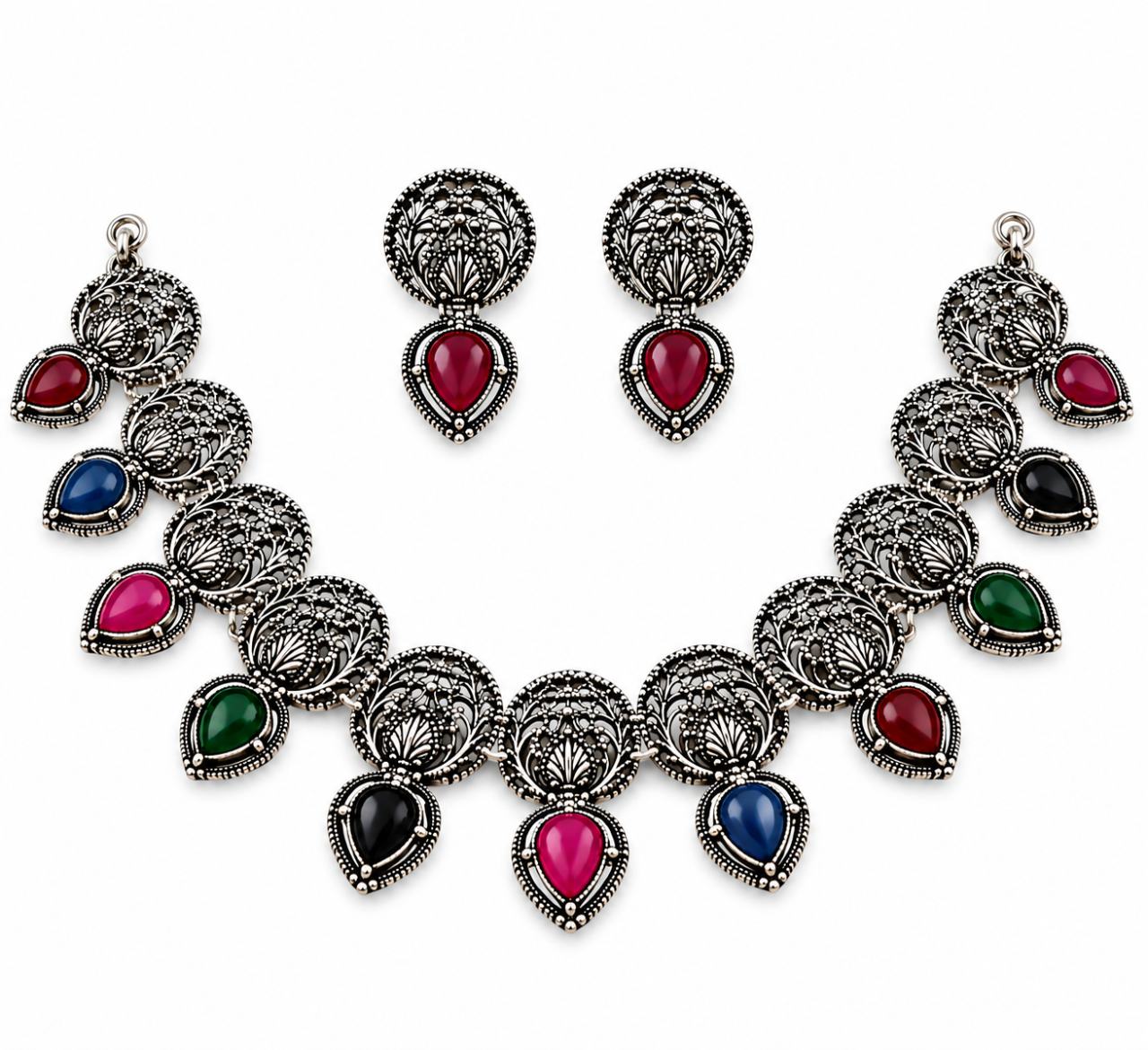 Oxidized Silver Multicolor Stone Necklace Set with Matching Earrings for Women – Traditional Ethnic Jewellery for Festive & Party Wear