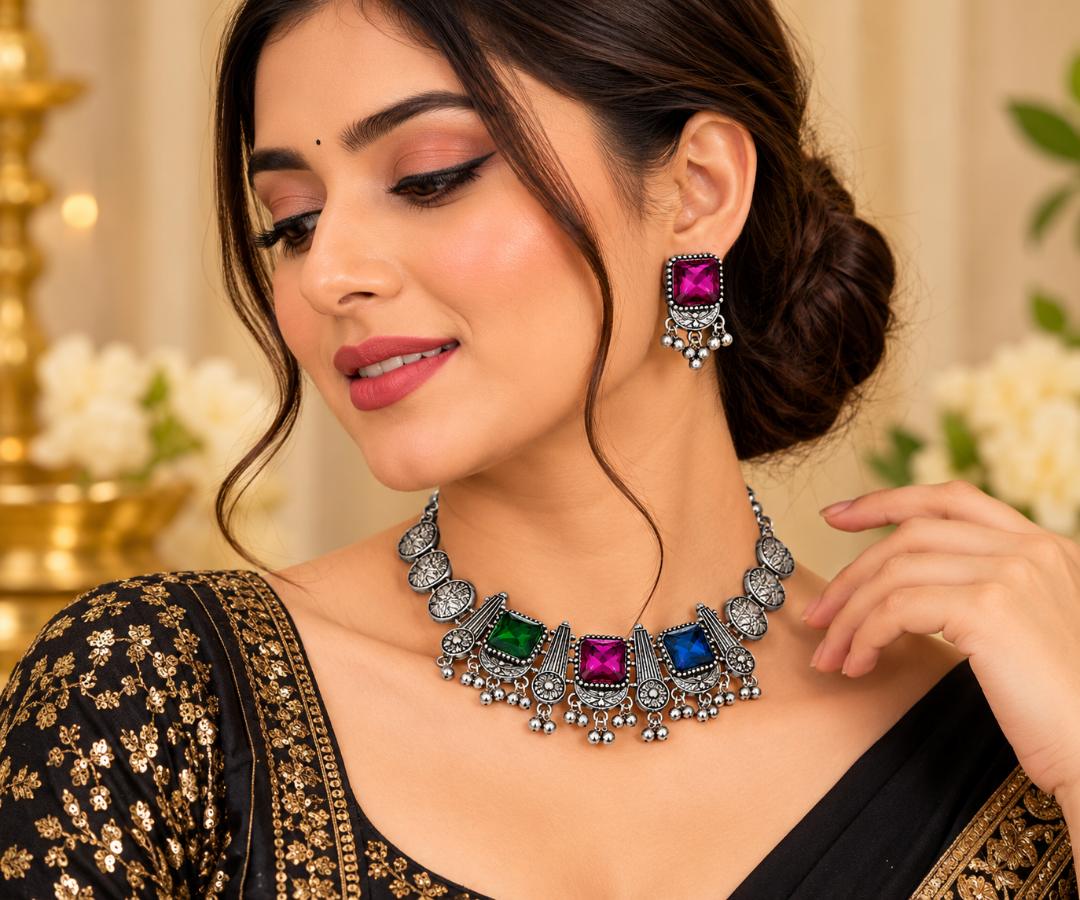 Oxidized Silver Necklace Set with Multicolor Square Stones and Matching Earrings for Women & Girls