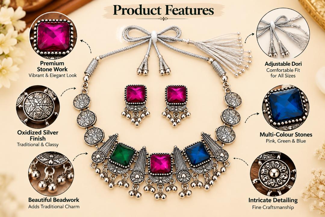 Oxidized Silver Necklace Set with Multicolor Square Stones and Matching Earrings for Women & Girls
