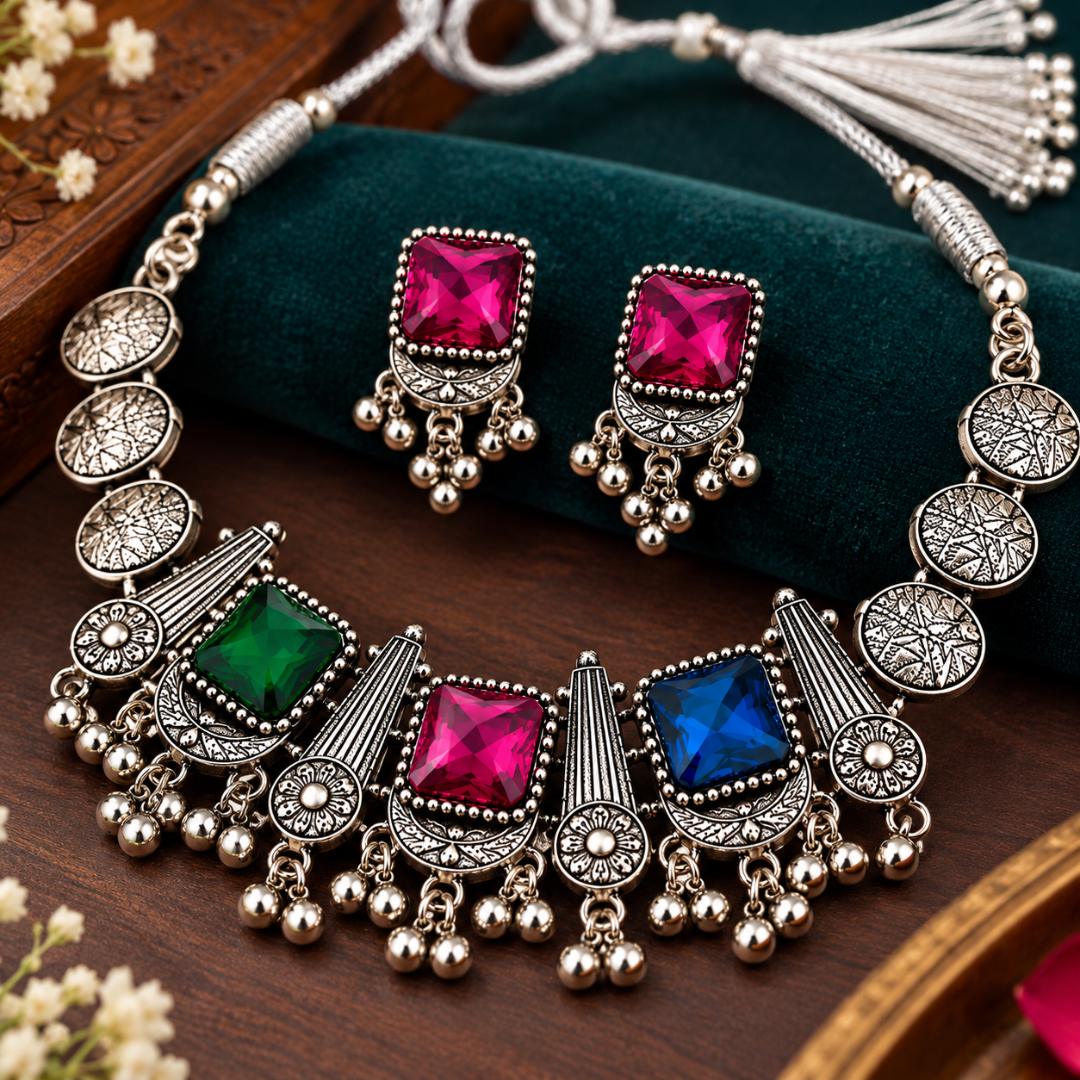 Oxidized Silver Necklace Set with Multicolor Square Stones and Matching Earrings for Women & Girls