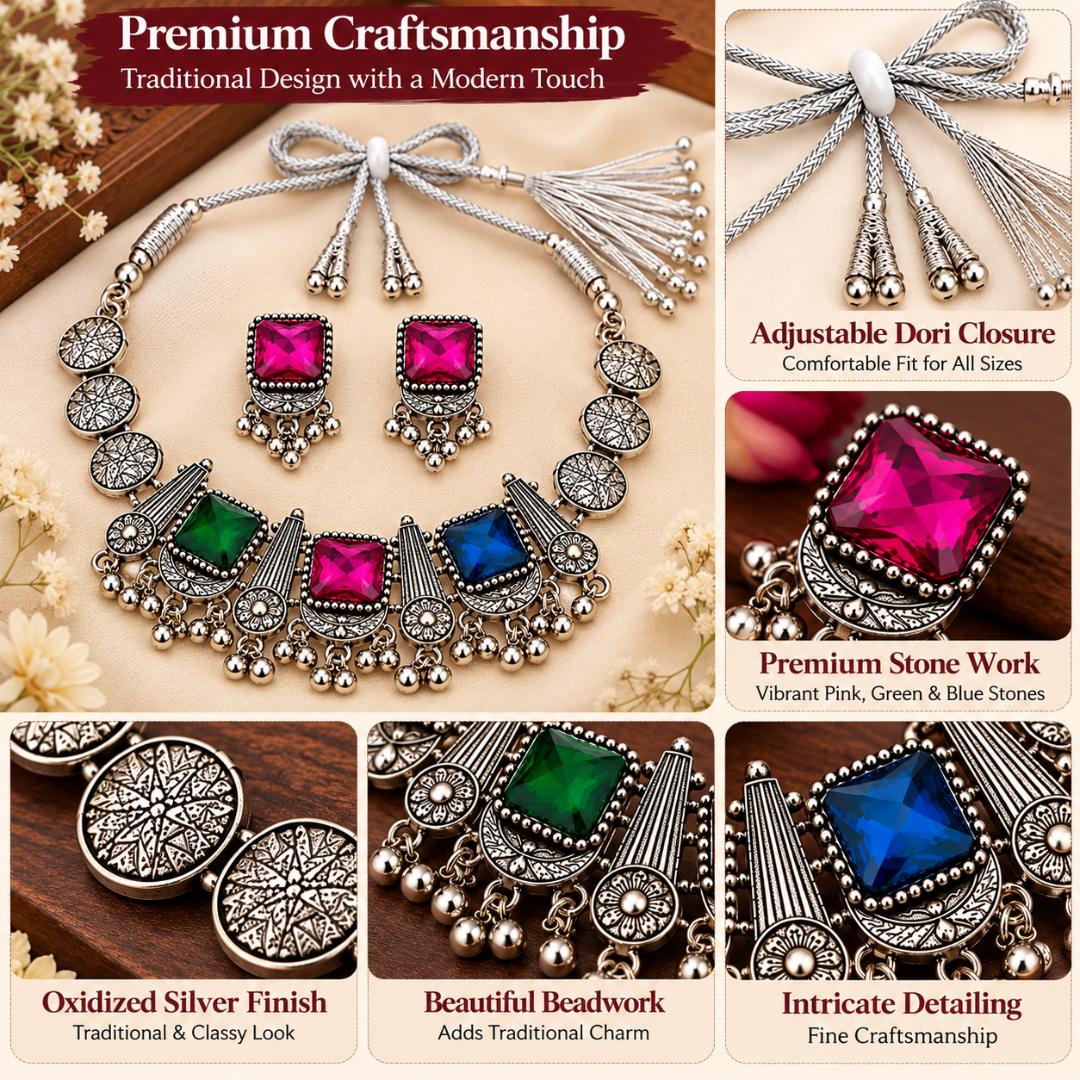 Oxidized Silver Necklace Set with Multicolor Square Stones and Matching Earrings for Women & Girls