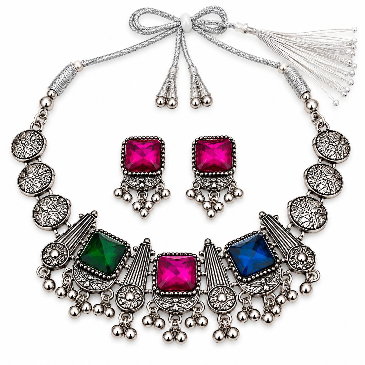 Oxidized Silver Necklace Set with Multicolor Square Stones and Matching Earrings for Women & Girls