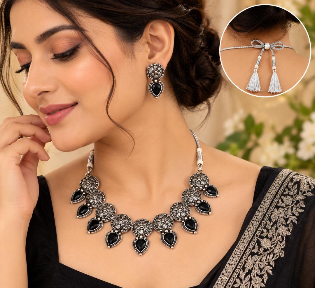 Oxidized Silver-Tone Black Stone Necklace Set with Matching Earrings and Adjustable Thread Dori for Women