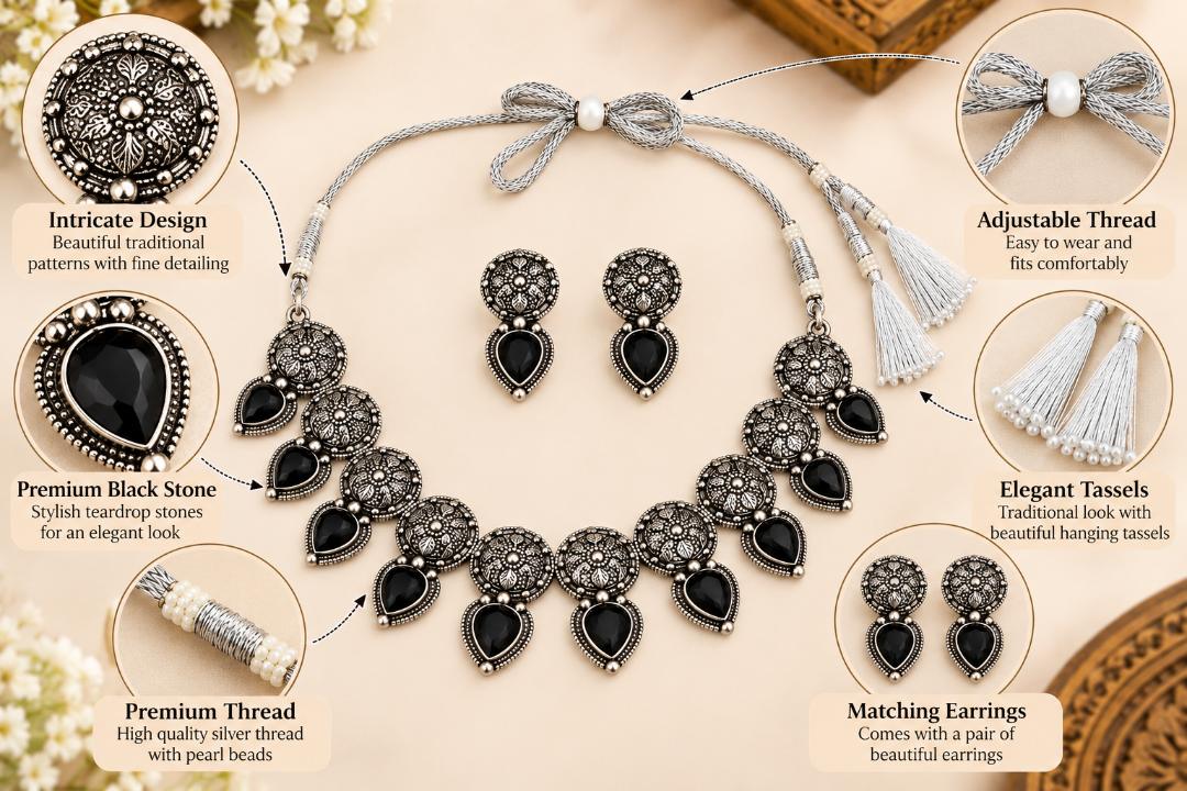 Oxidized Silver-Tone Black Stone Necklace Set with Matching Earrings and Adjustable Thread Dori for Women