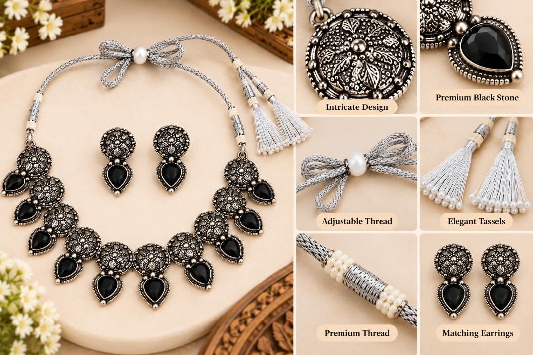 Oxidized Silver-Tone Black Stone Necklace Set with Matching Earrings and Adjustable Thread Dori for Women