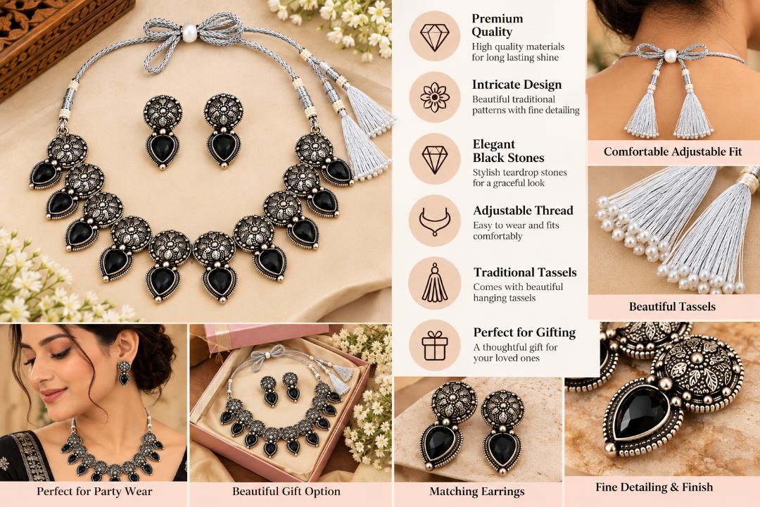 Oxidized Silver-Tone Black Stone Necklace Set with Matching Earrings and Adjustable Thread Dori for Women
