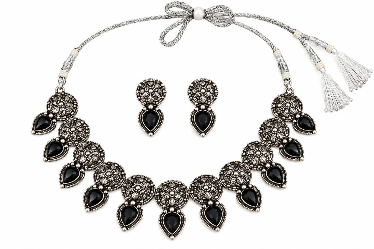 Oxidized Silver-Tone Black Stone Necklace Set with Matching Earrings and Adjustable Thread Dori for Women