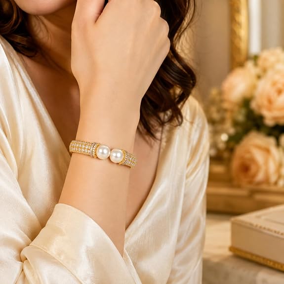 Pearl Cuff Bracelet with CZ Accents and Gold Plating