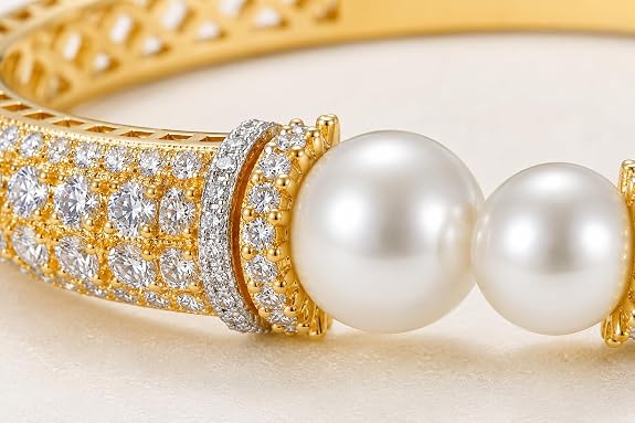 Pearl Cuff Bracelet with CZ Accents and Gold Plating