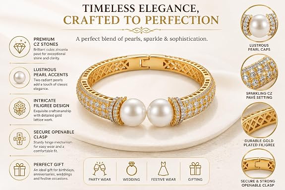 Pearl Cuff Bracelet with CZ Accents and Gold Plating