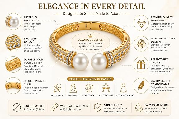 Pearl Cuff Bracelet with CZ Accents and Gold Plating