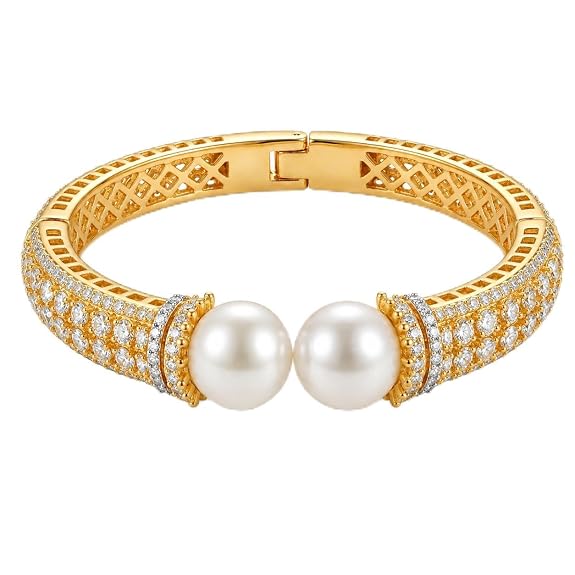 Pearl Cuff Bracelet with CZ Accents and Gold Plating