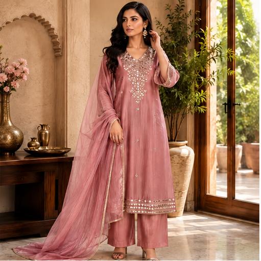 Premium Dusty Pink Embroidered 3 Piece Suit Set with Palazzo & Dupatta