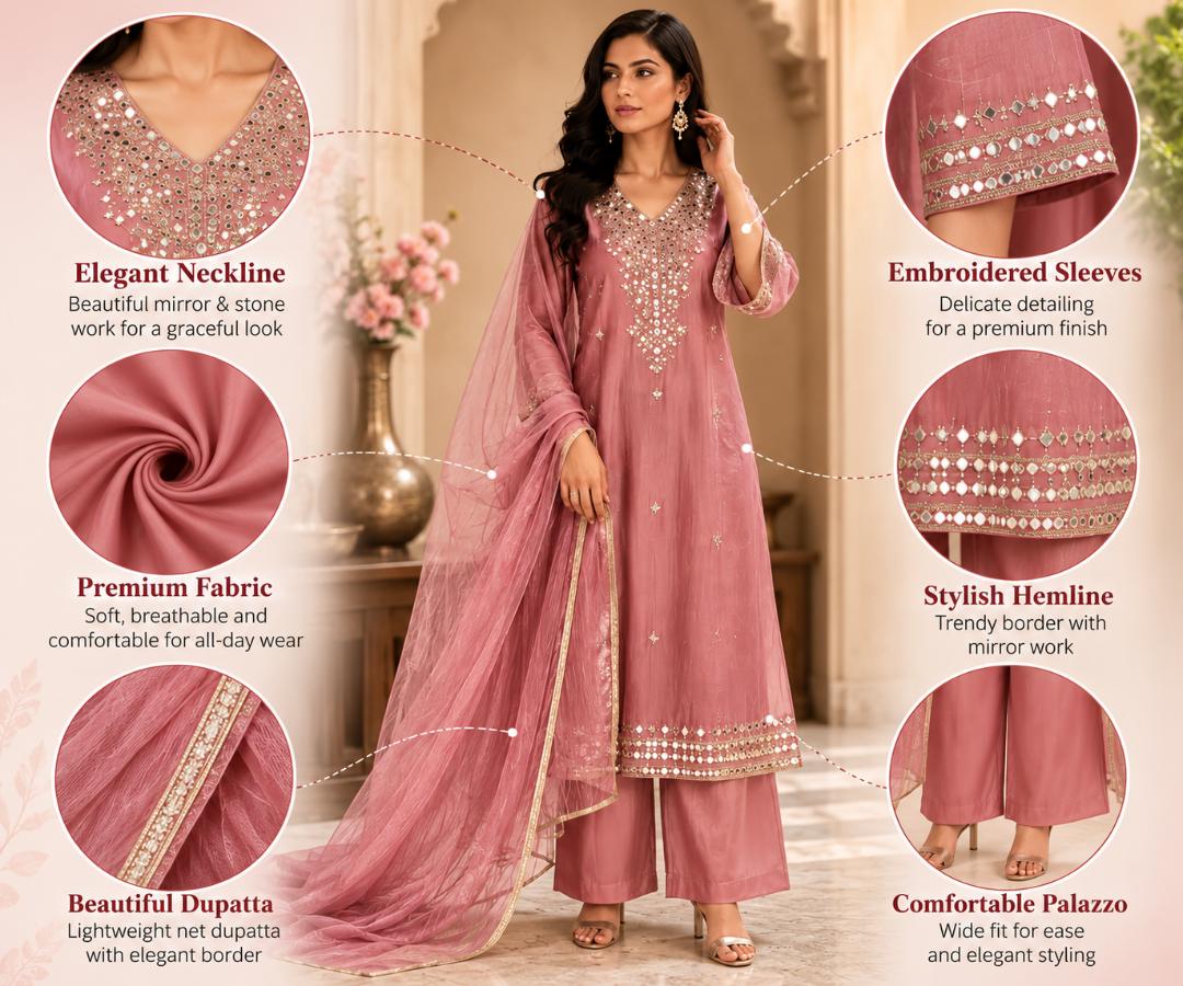 Premium Dusty Pink Embroidered 3 Piece Suit Set with Palazzo & Dupatta