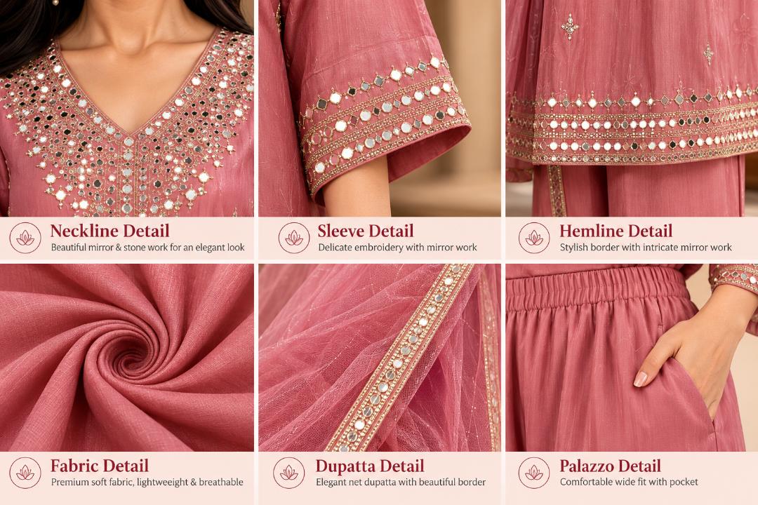 Premium Dusty Pink Embroidered 3 Piece Suit Set with Palazzo & Dupatta