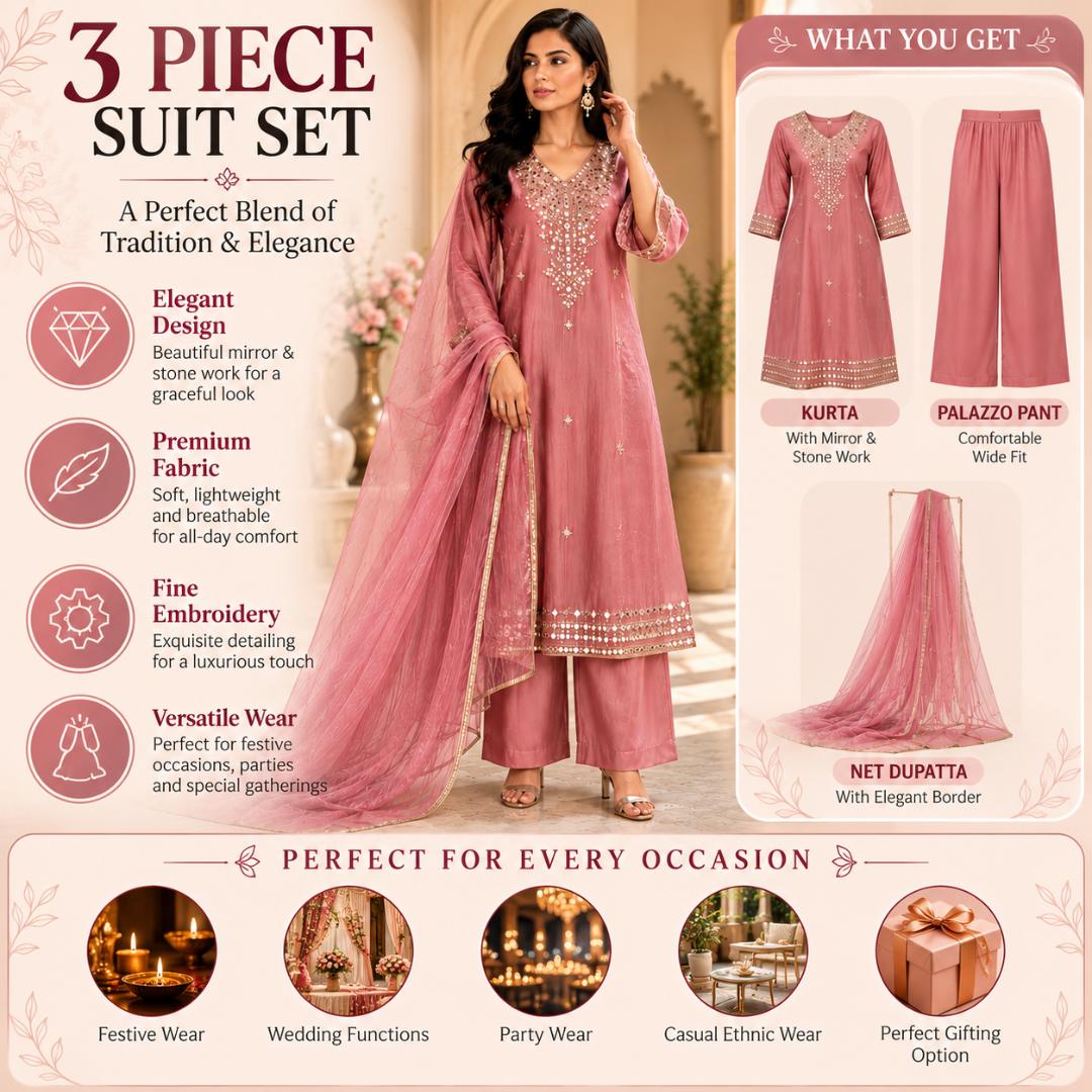 Premium Dusty Pink Embroidered 3 Piece Suit Set with Palazzo & Dupatta
