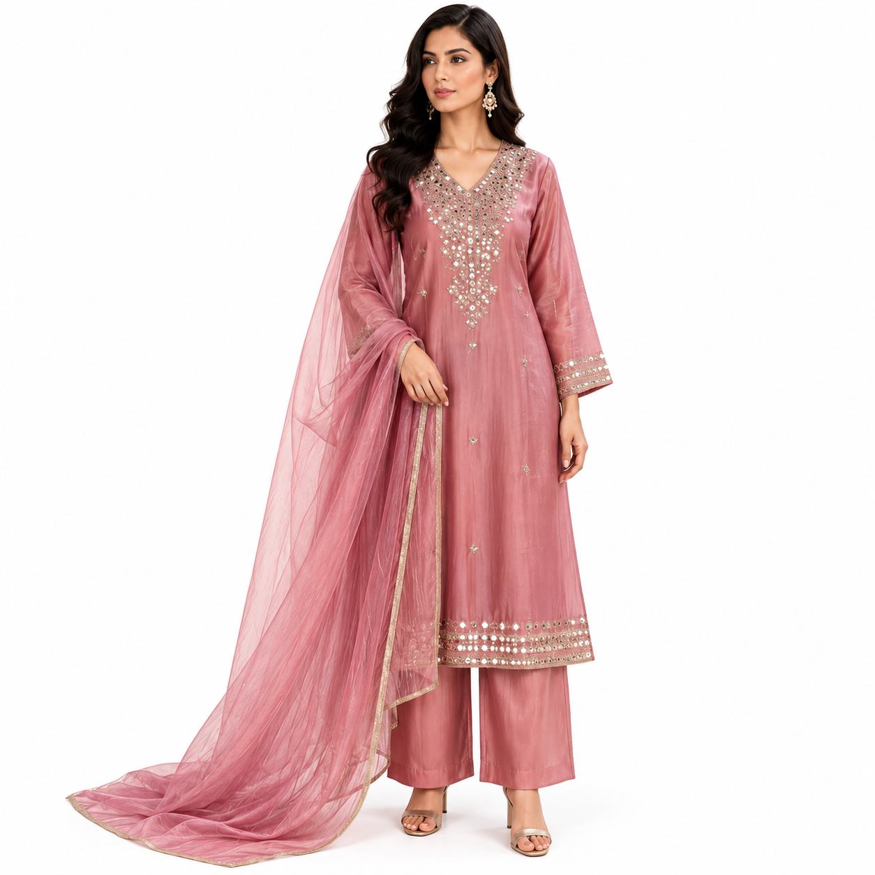 Premium Dusty Pink Embroidered 3 Piece Suit Set with Palazzo & Dupatta