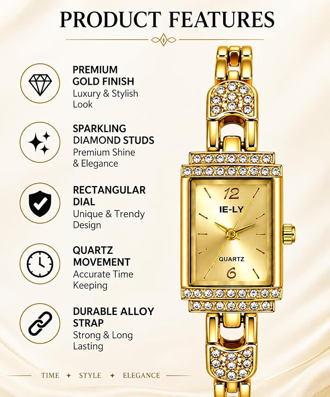 Rectangular Gold-Tone Analog Watch with Bracelet Strap