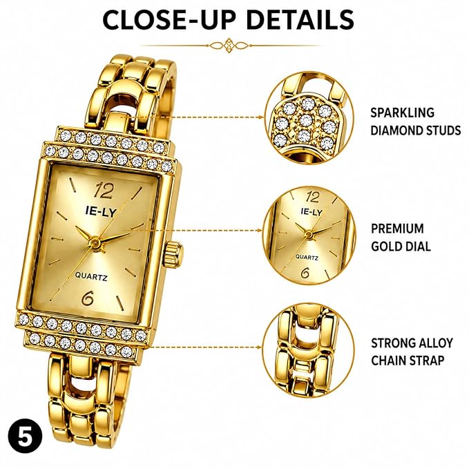 Rectangular Gold-Tone Analog Watch with Bracelet Strap