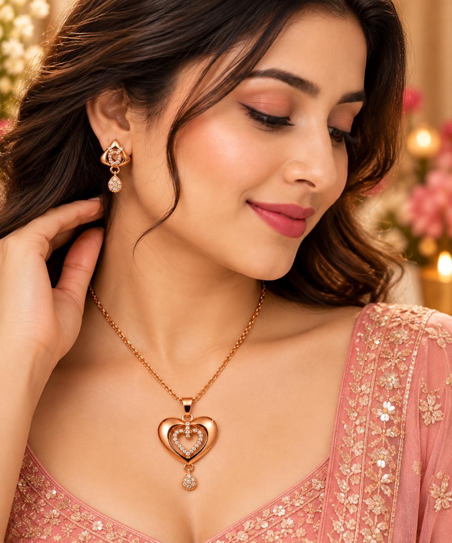 Rose Gold Heart Pendant Necklace with Matching Drop Earrings for Women & Girls