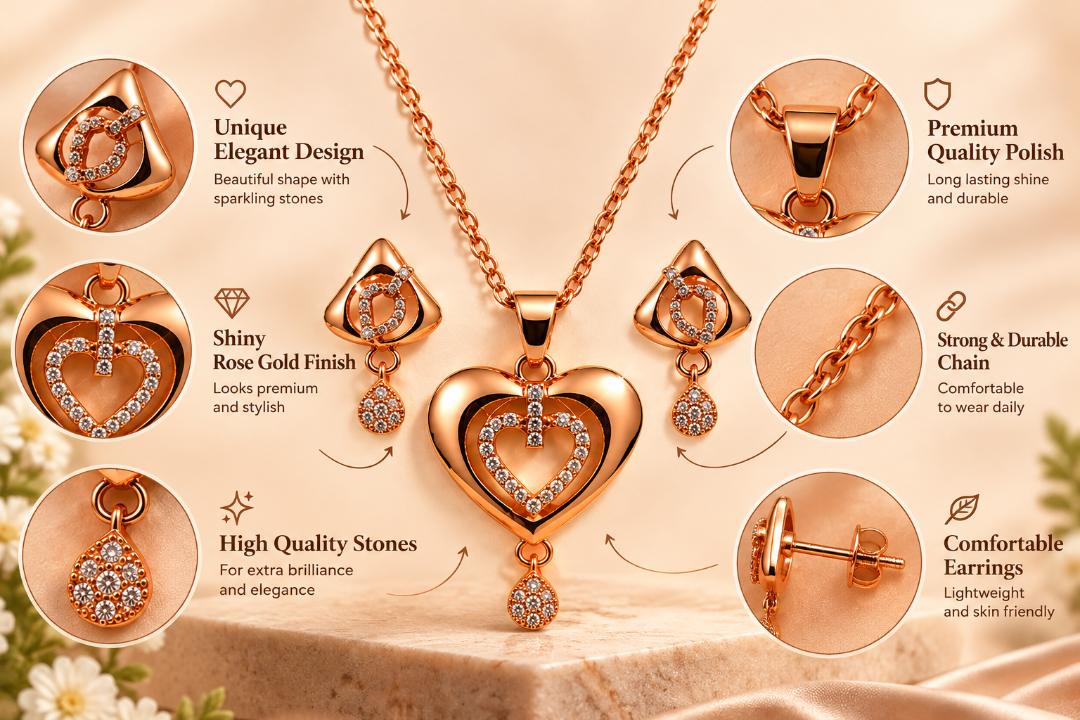 Rose Gold Heart Pendant Necklace with Matching Drop Earrings for Women & Girls