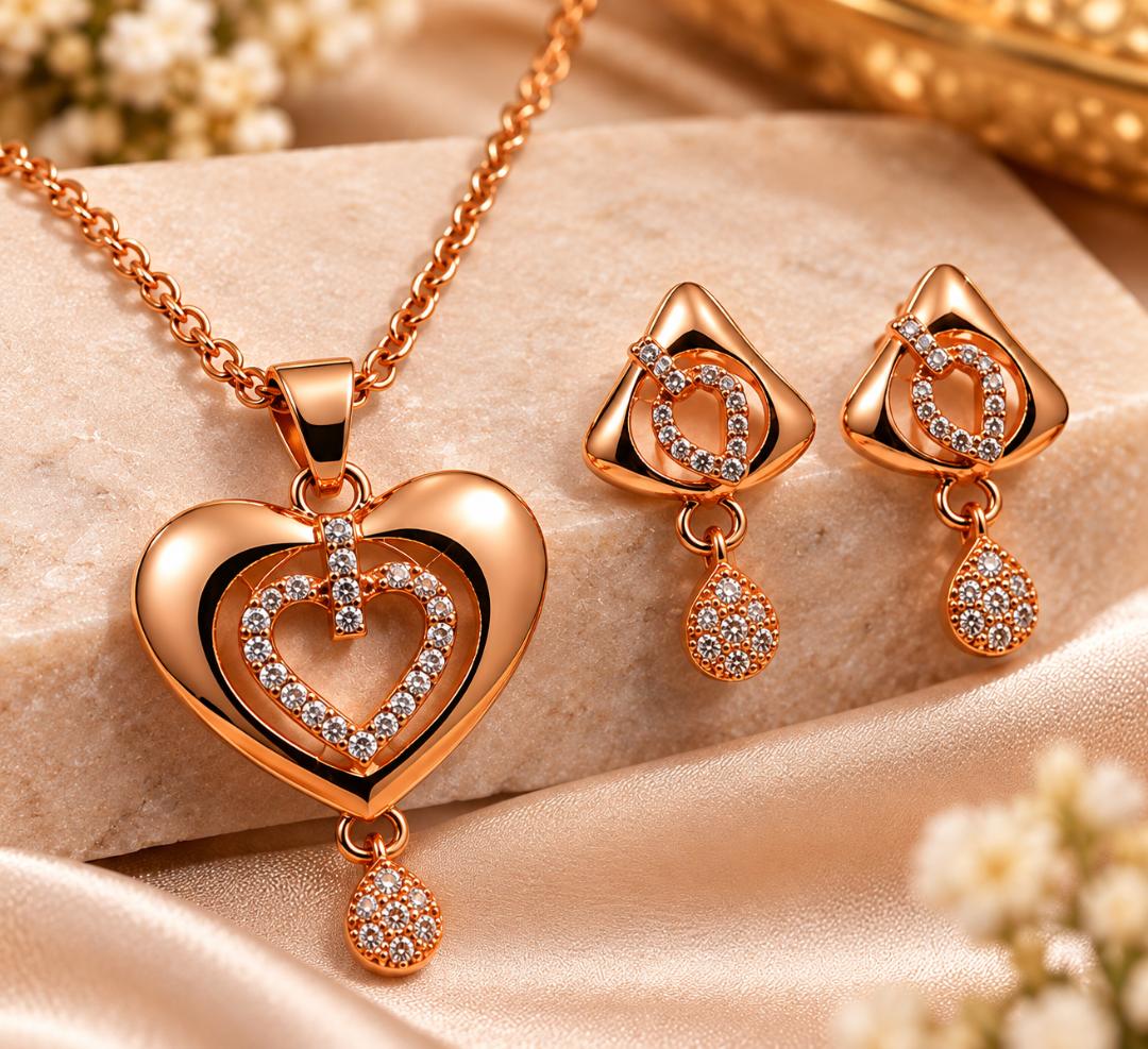 Rose Gold Heart Pendant Necklace with Matching Drop Earrings for Women & Girls