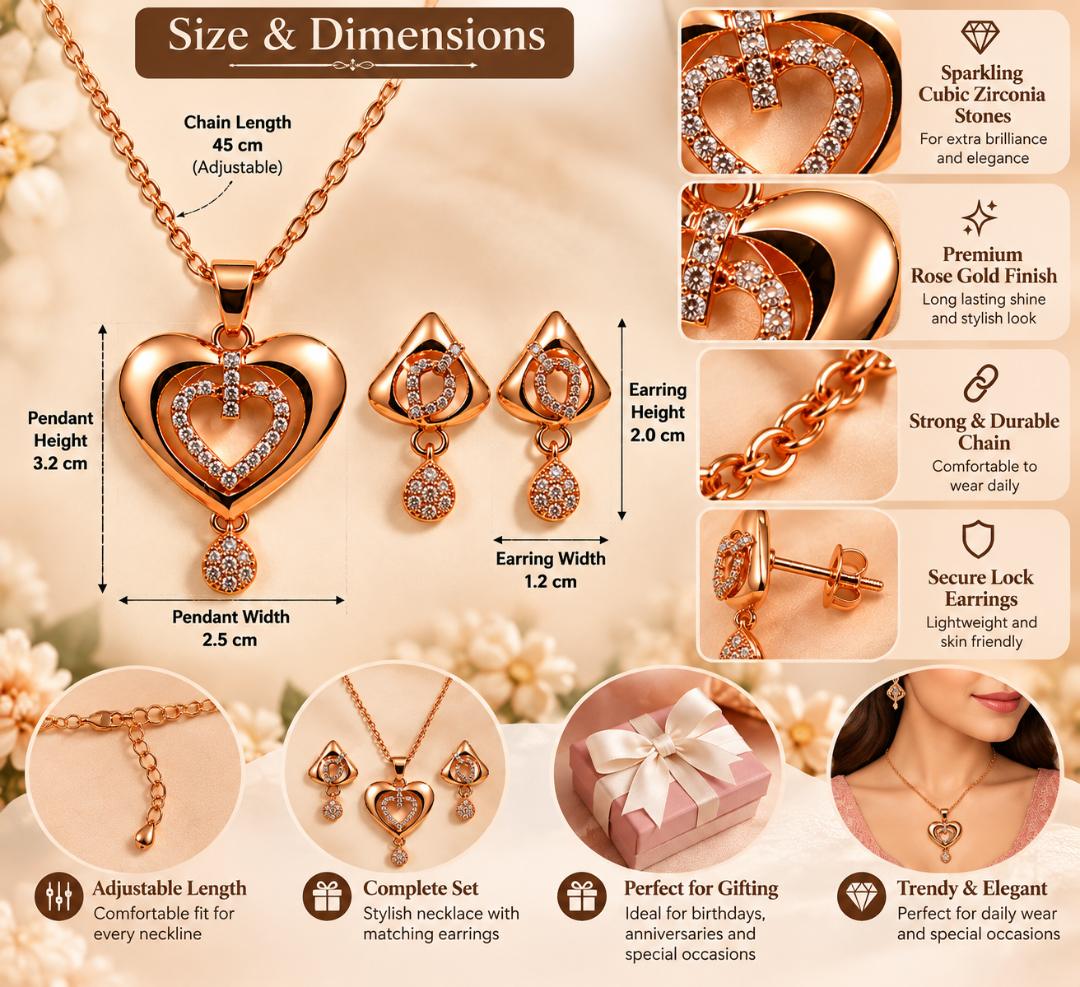 Rose Gold Heart Pendant Necklace with Matching Drop Earrings for Women & Girls