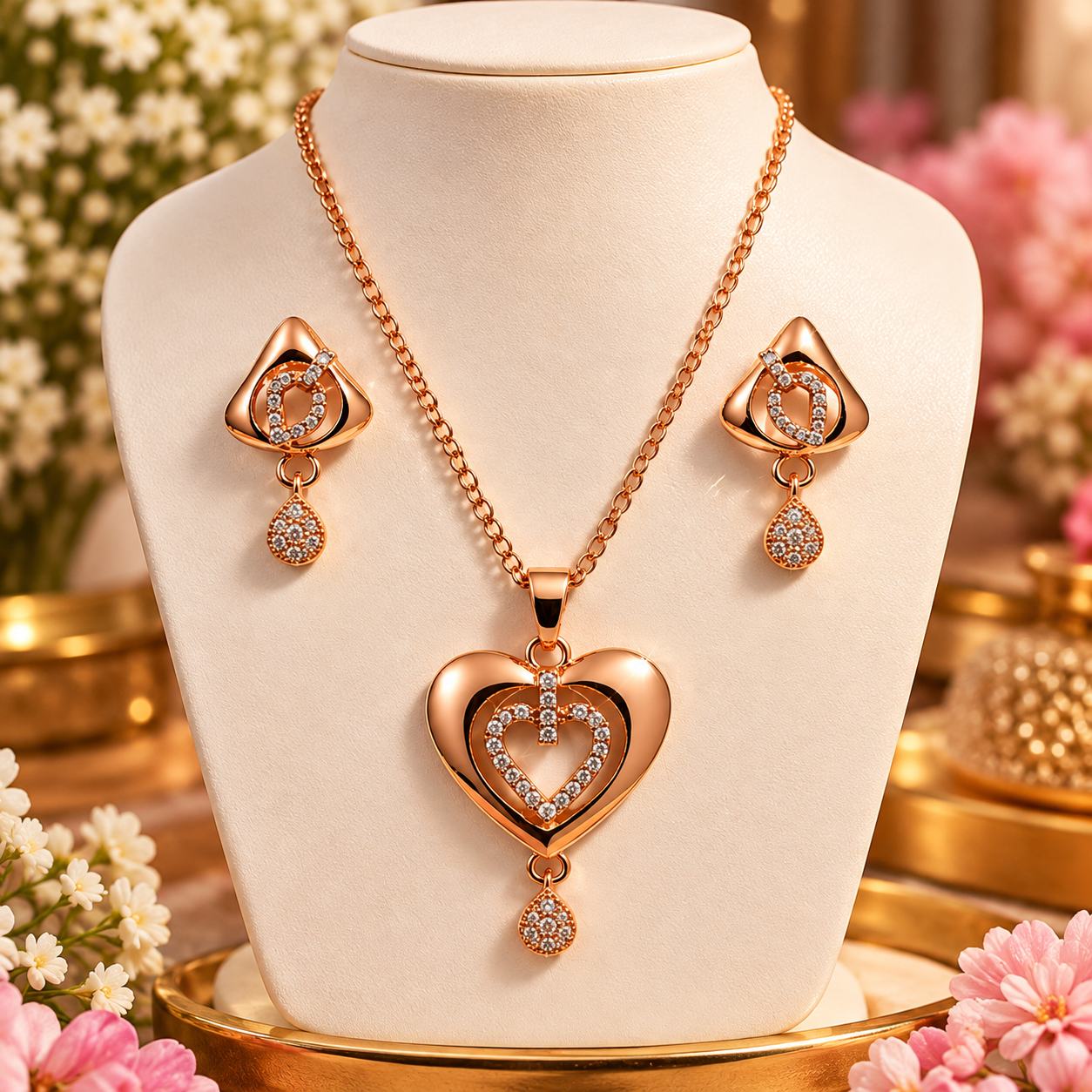 Rose Gold Heart Pendant Necklace with Matching Drop Earrings for Women & Girls