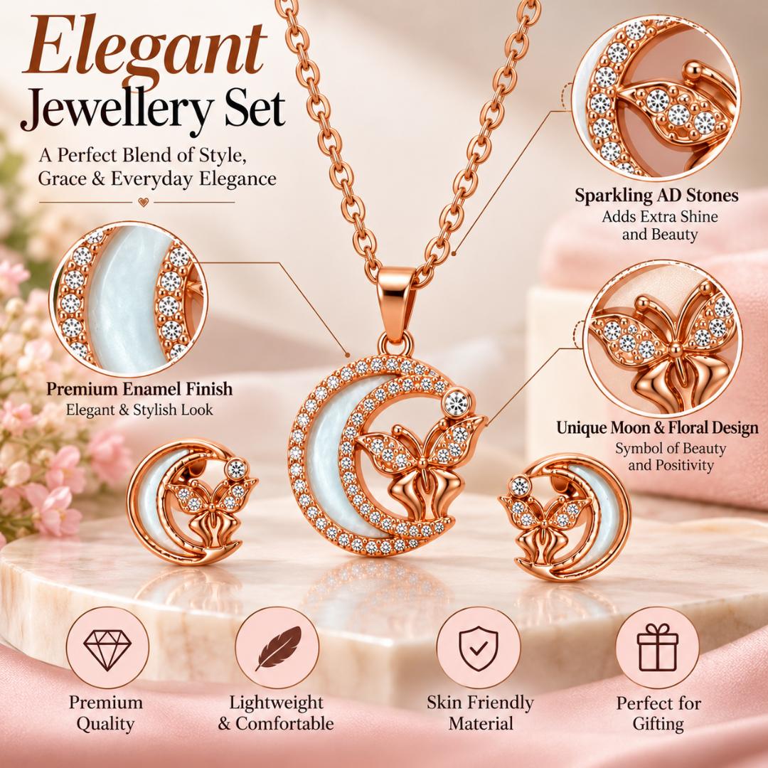 Rose Gold Moon Pendant Necklace with Matching Floral Stud Earrings for Women and Girls