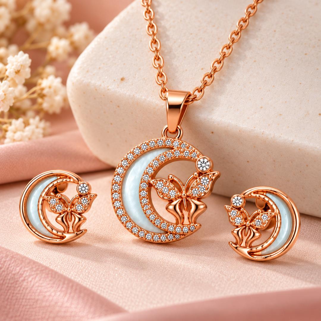 Rose Gold Moon Pendant Necklace with Matching Floral Stud Earrings for Women and Girls