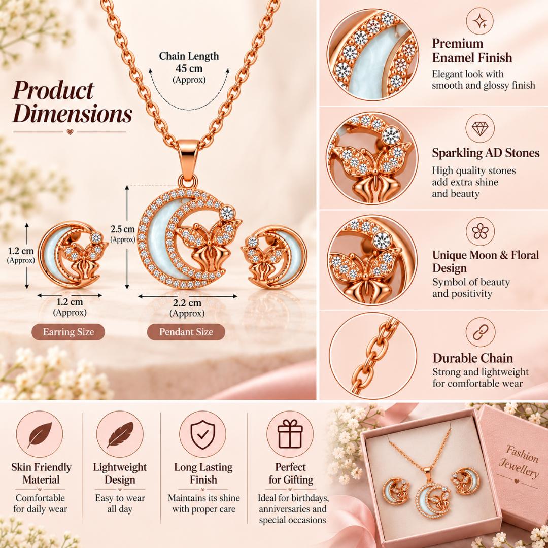 Rose Gold Moon Pendant Necklace with Matching Floral Stud Earrings for Women and Girls