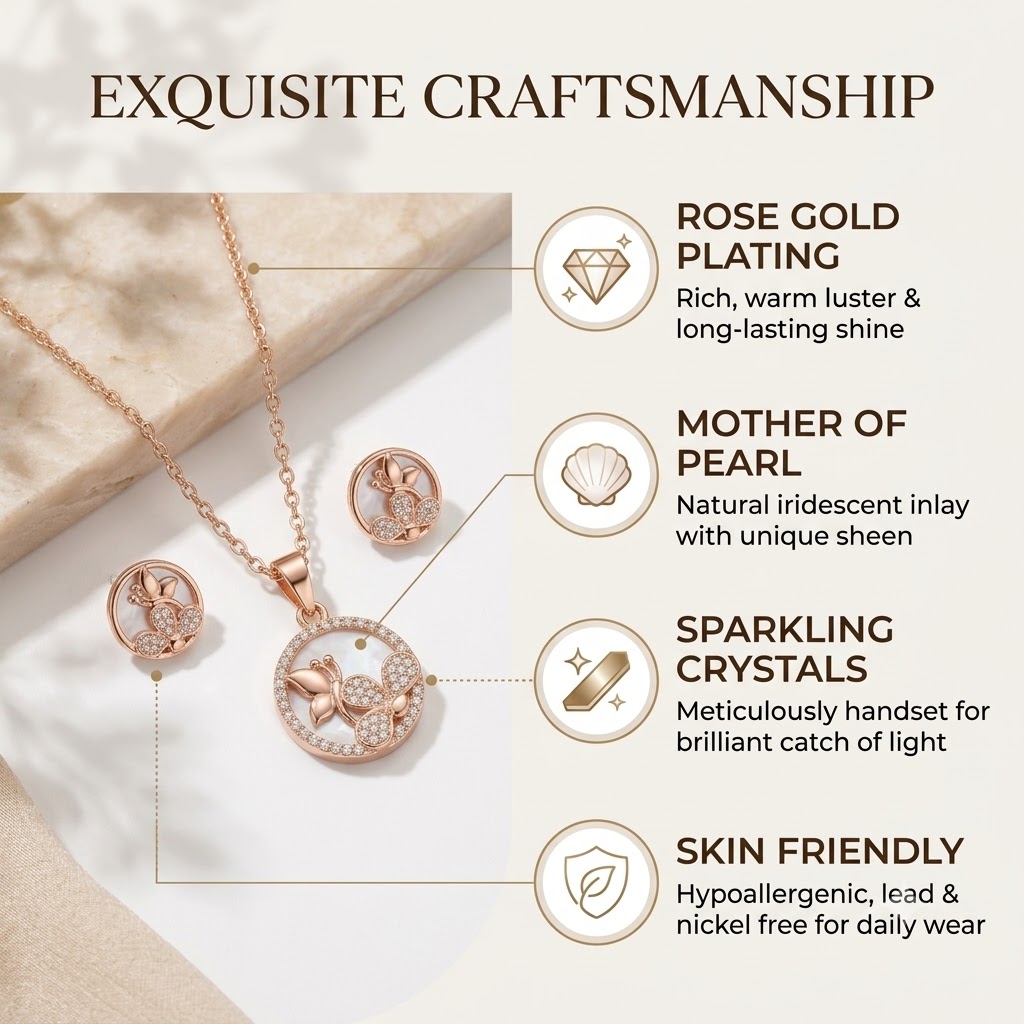 Rose Gold Plated Butterfly Pendant Necklace with Matching Stud Earrings Set for Women and Girls | Mother of Pearl & Zircon Crystal Jewellery Set for Daily & Festive Wear