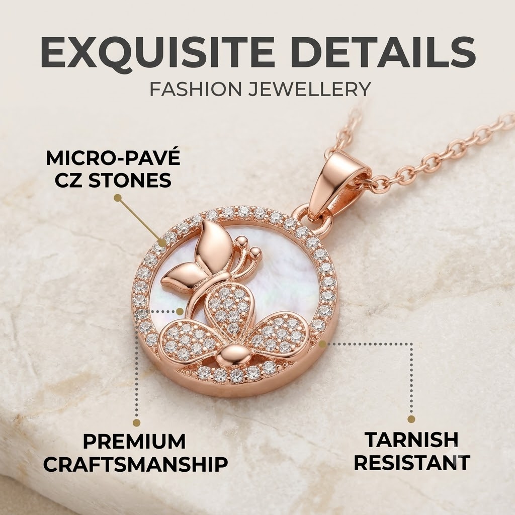 Rose Gold Plated Butterfly Pendant Necklace with Matching Stud Earrings Set for Women and Girls | Mother of Pearl & Zircon Crystal Jewellery Set for Daily & Festive Wear