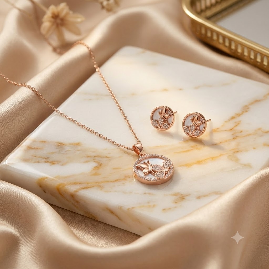 Rose Gold Plated Butterfly Pendant Necklace with Matching Stud Earrings Set for Women and Girls | Mother of Pearl & Zircon Crystal Jewellery Set for Daily & Festive Wear