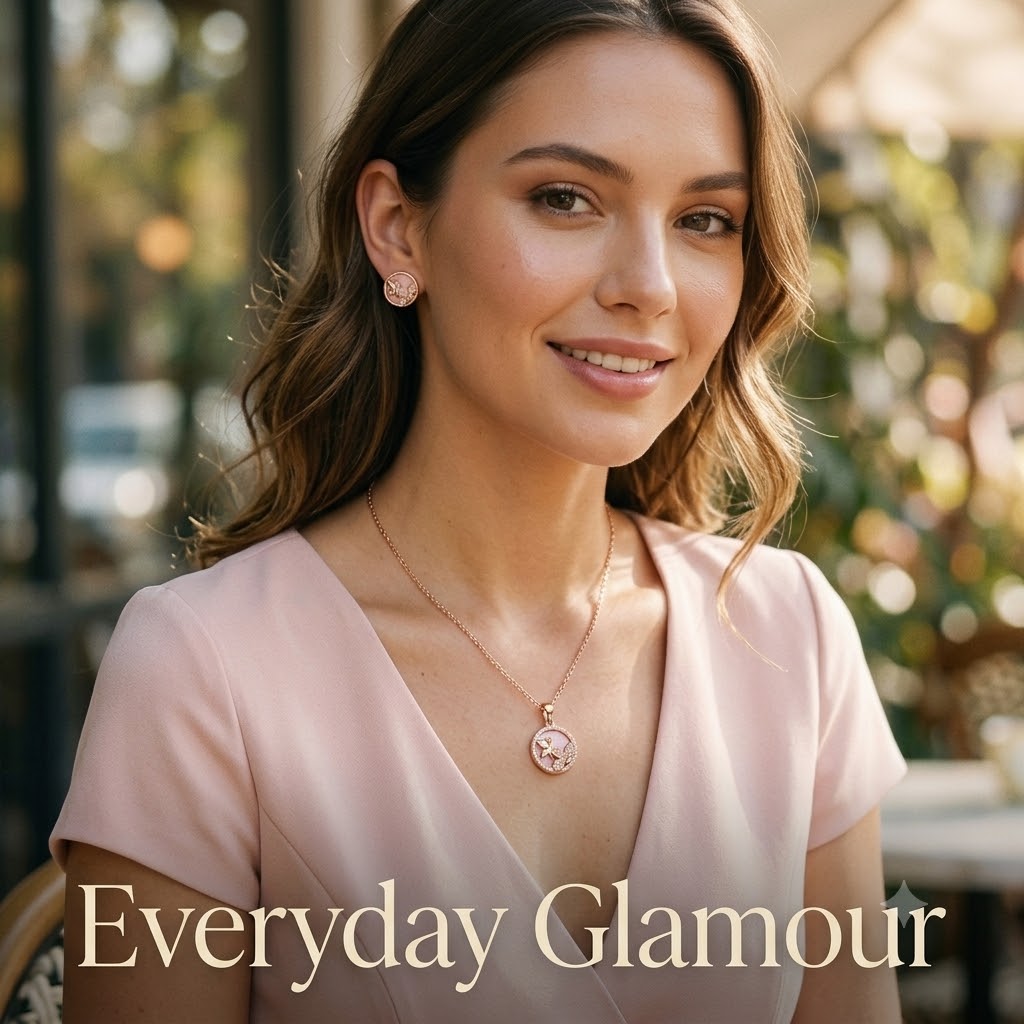 Rose Gold Plated Pink Butterfly Pendant Necklace with Matching Stud Earrings Jewellery Set for Women & Girls