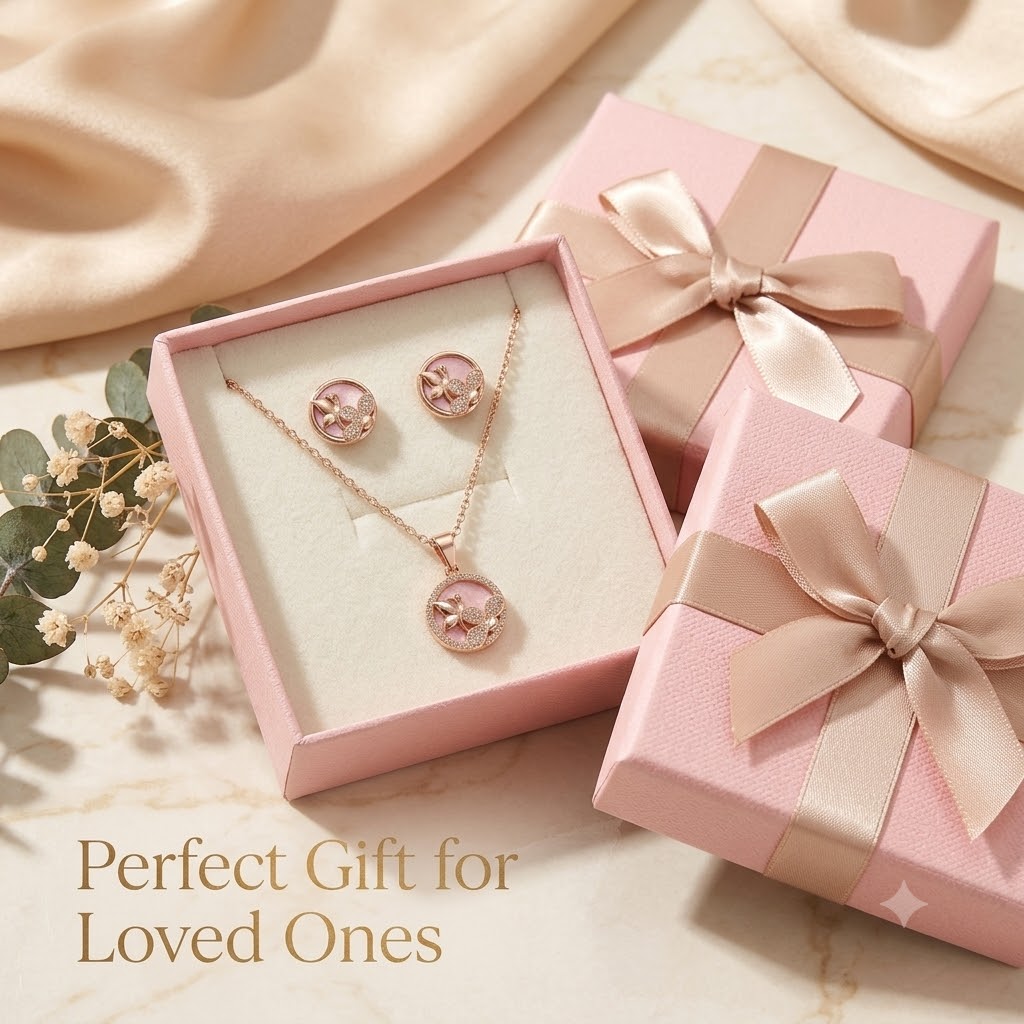 Rose Gold Plated Pink Butterfly Pendant Necklace with Matching Stud Earrings Jewellery Set for Women & Girls