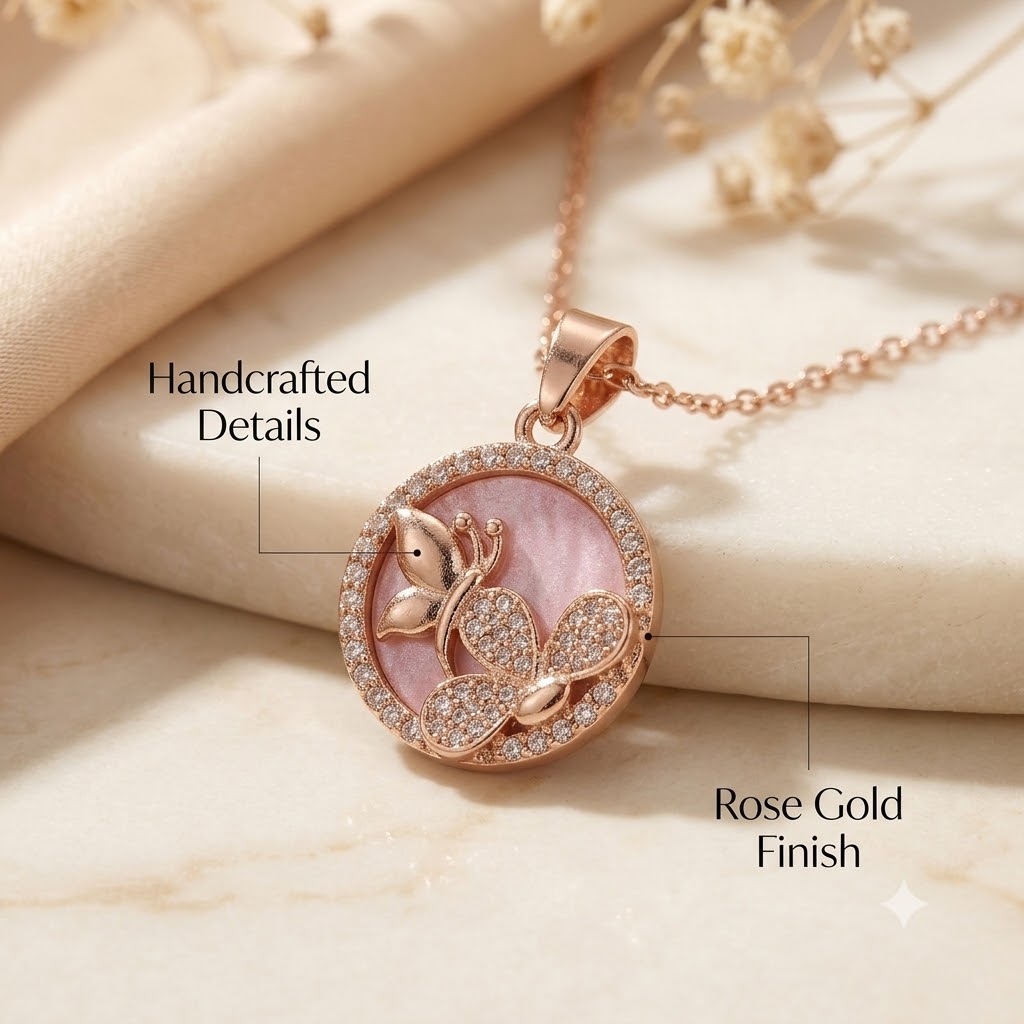 Rose Gold Plated Pink Butterfly Pendant Necklace with Matching Stud Earrings Jewellery Set for Women & Girls