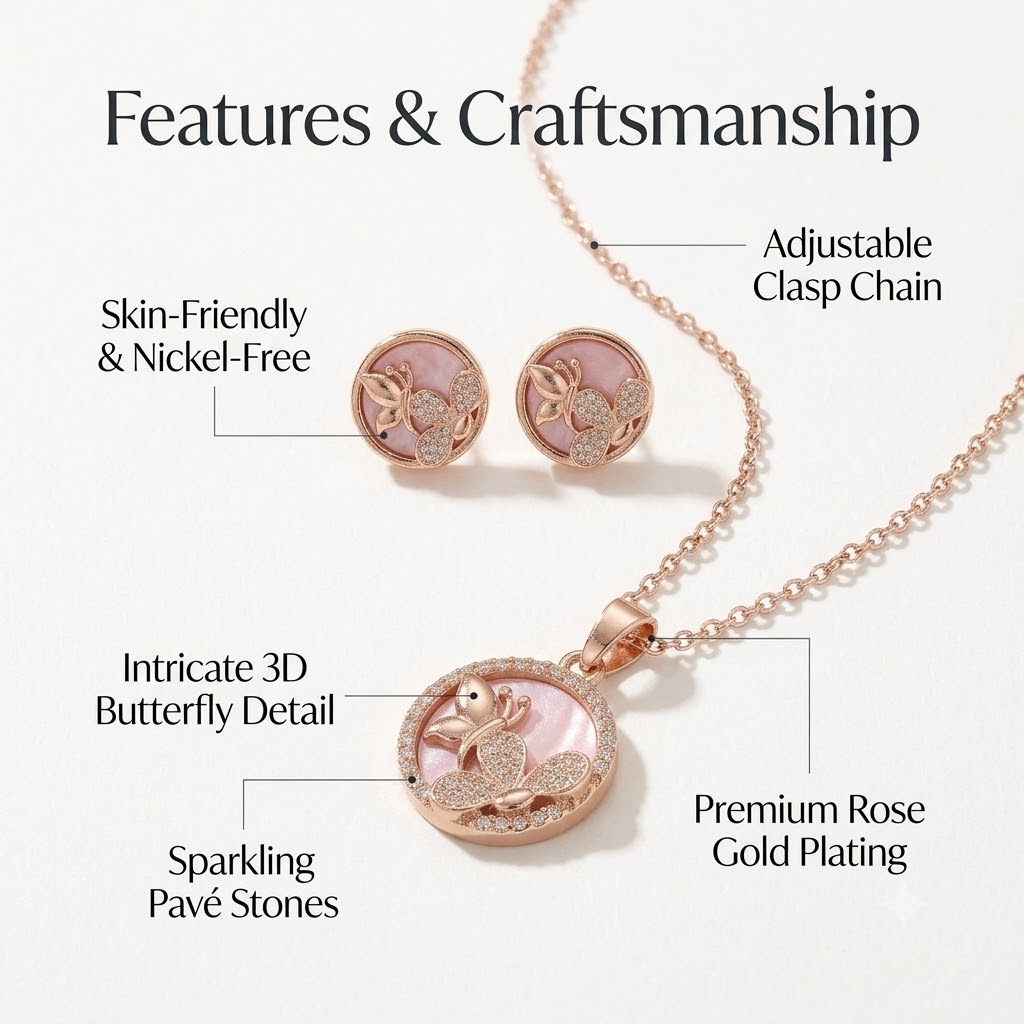 Rose Gold Plated Pink Butterfly Pendant Necklace with Matching Stud Earrings Jewellery Set for Women & Girls