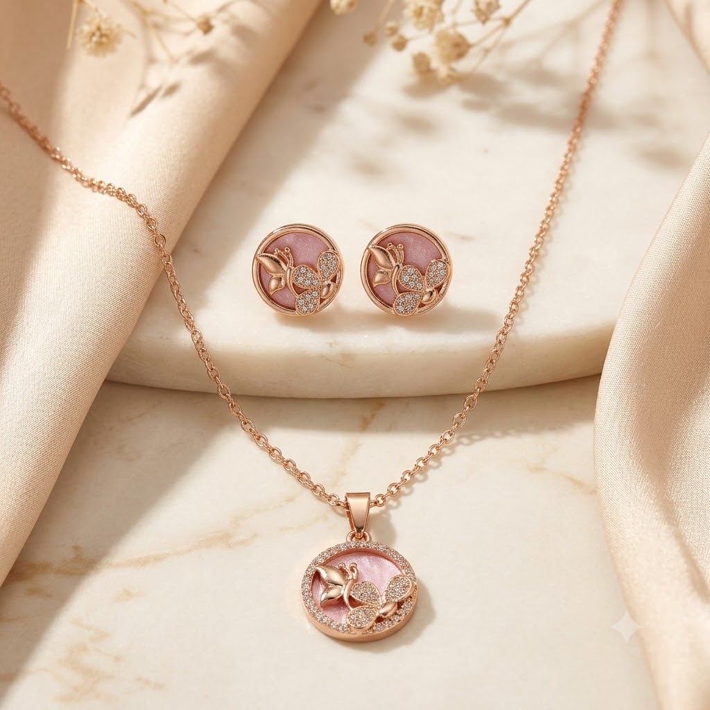 Rose Gold Plated Pink Butterfly Pendant Necklace with Matching Stud Earrings Jewellery Set for Women & Girls