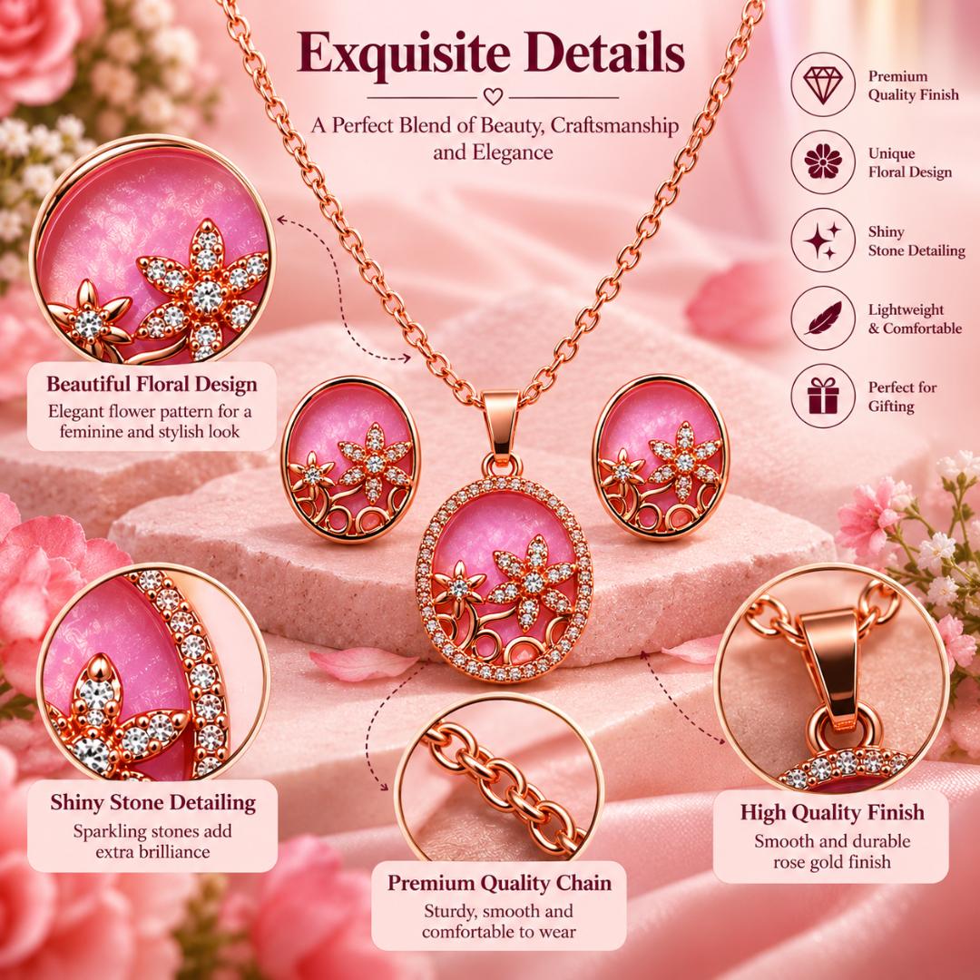 Rose Gold Plated Pink Floral Pendant Necklace with Matching Stud Earrings for Women and Girls