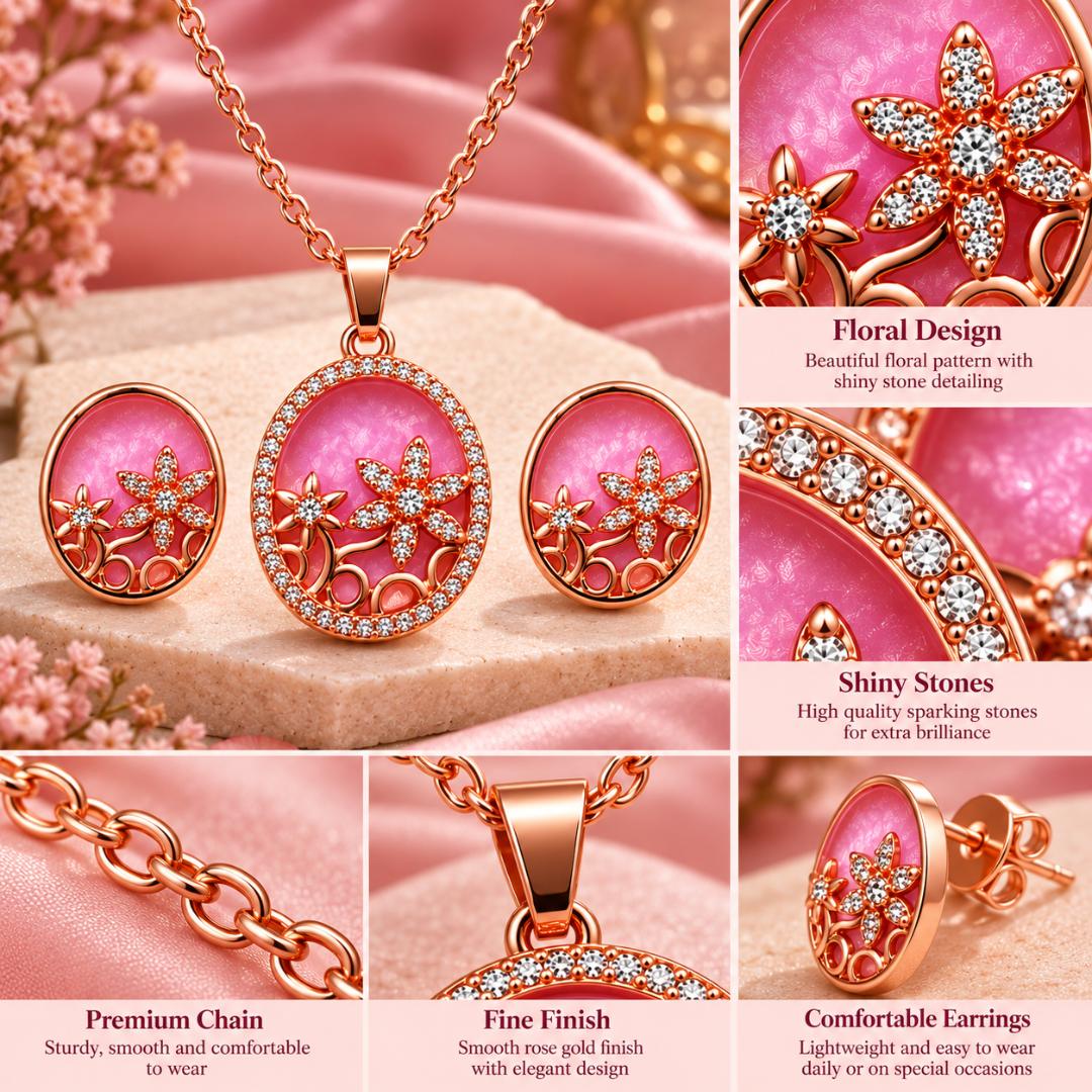 Rose Gold Plated Pink Floral Pendant Necklace with Matching Stud Earrings for Women and Girls