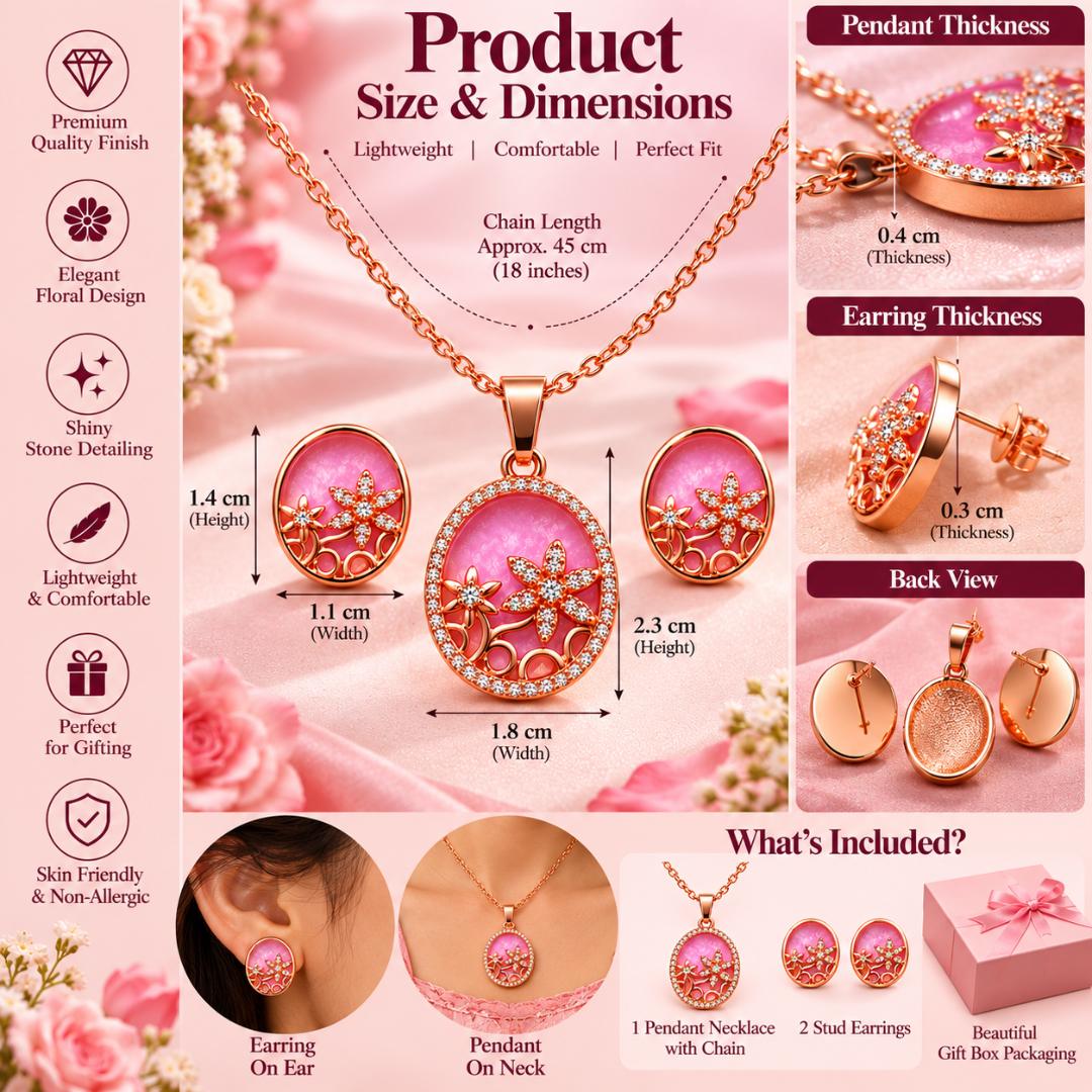 Rose Gold Plated Pink Floral Pendant Necklace with Matching Stud Earrings for Women and Girls