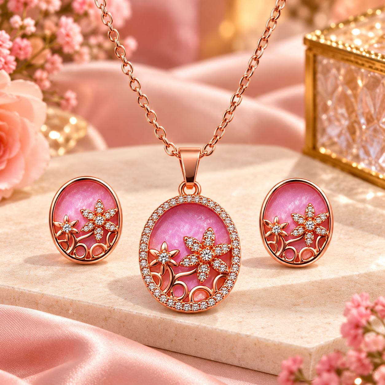 Rose Gold Plated Pink Floral Pendant Necklace with Matching Stud Earrings for Women and Girls
