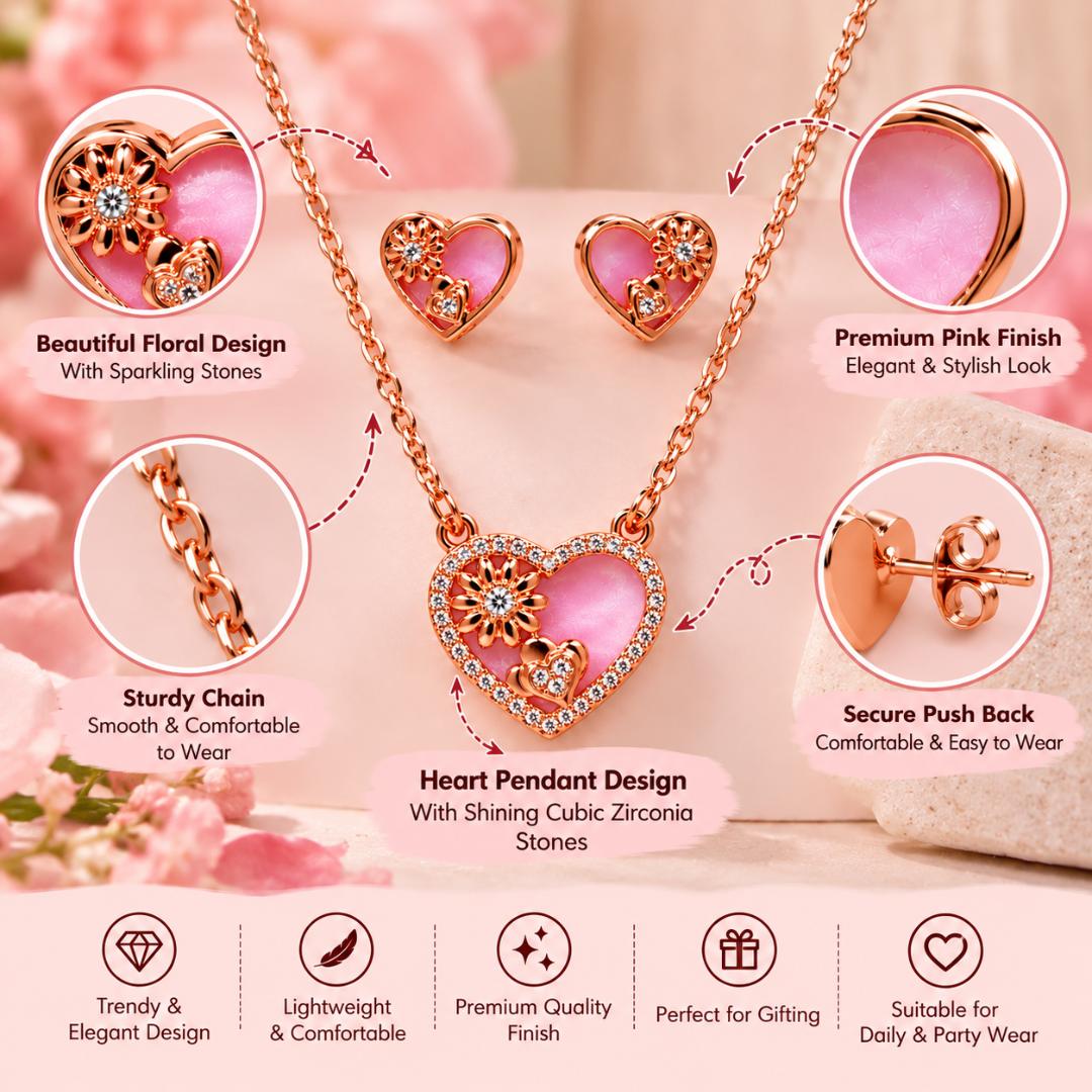 Rose Gold Tone Pink Heart Pendant Necklace with Matching Earrings for Women & Girls